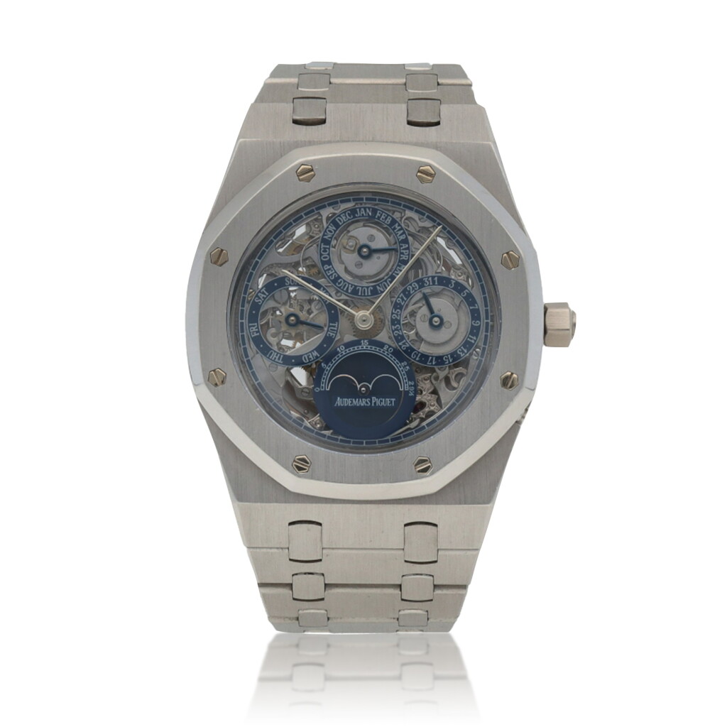 View full screen - View 1 of Lot 125. Royal Oak Perpetual Calendar, Ref. 25636PT.OO.0344PT.01 Platinum skeletonized perpetual calendar wristwatch with moon phases and bracelet Circa 1996 | 愛彼 | 25636PT.OO.0344PT.01型號「Royal Oak Perpetual Calendar」鉑金鏤空萬年曆鍊帶腕錶備月相顯示,年份約1996.