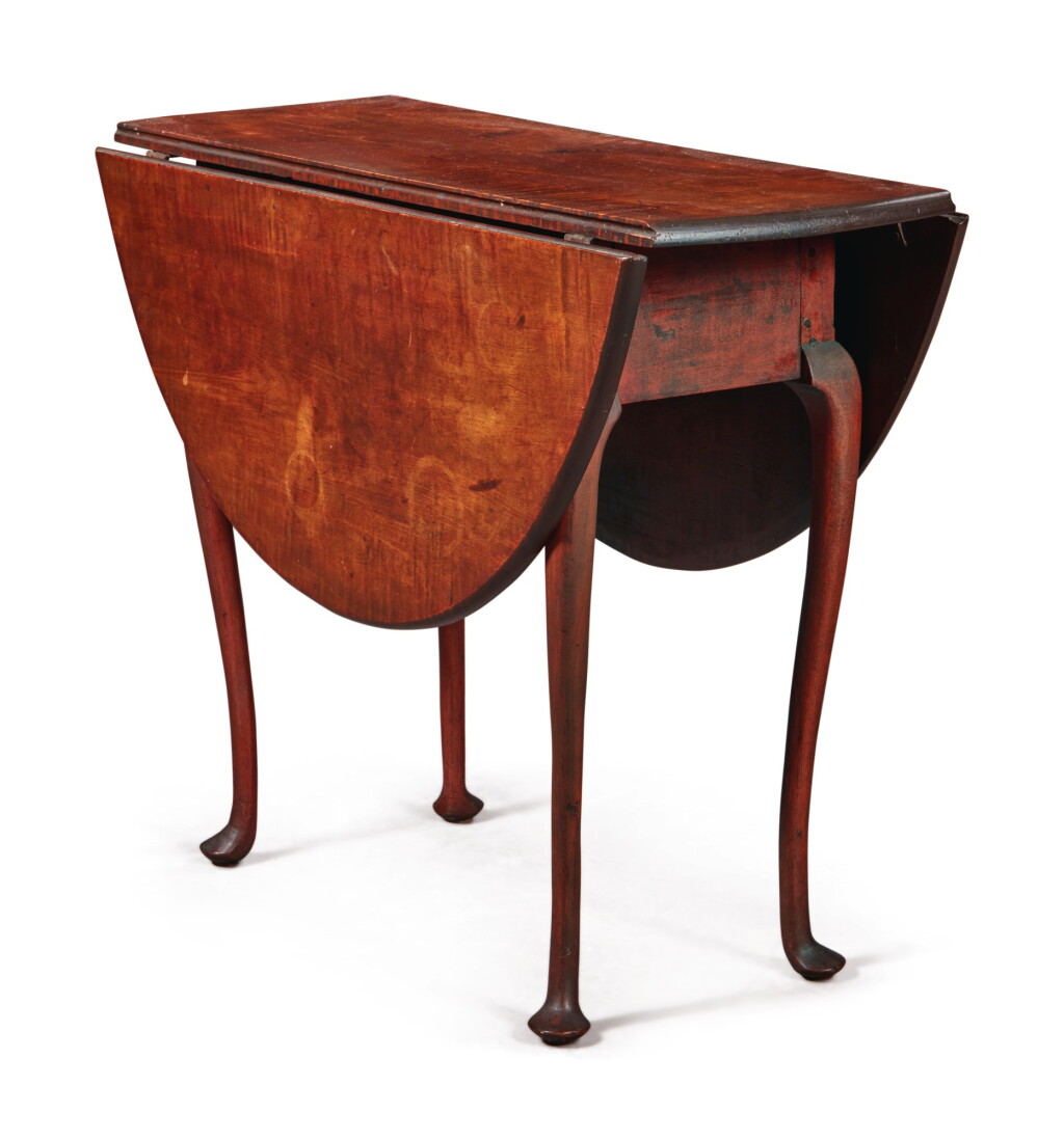View full screen - View 1 of Lot 16. Diminutive Queen Anne Red Painted Figured Maple Drop-Leaf Table, Connecticut, circa 1750.