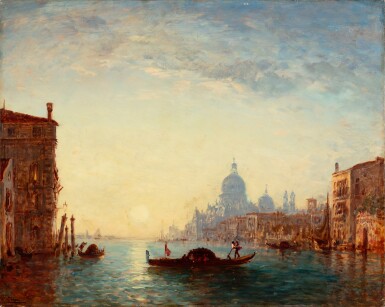 View full screen - View 1 of Lot 50. Traghetto crossing the Canal in front of the Salute, Venice.