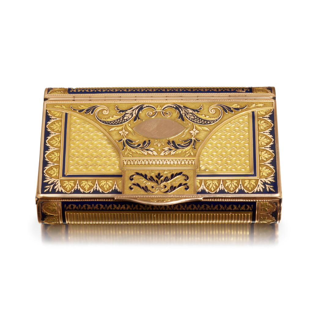View full screen - View 1 of Lot 212. A Rectangular Purse-Shaped Gold and Enamel Snuff Box, Maker's Mark GT, Hanau, Circa 1818.