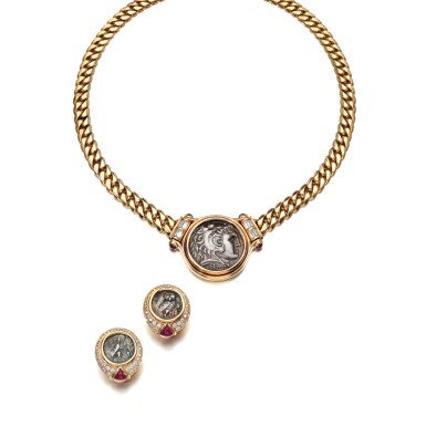 View full screen - View 1 of Lot 79. COIN, RUBY AND DIAMOND NECKLACE AND EAR CLIPS, BULGARI, CIRCA 1989 AND EARLIER.