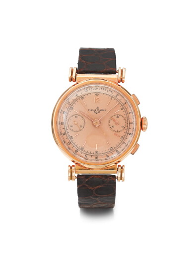 View full screen - View 1 of Lot 153. ULYSSE NARDIN | A PINK GOLD CHRONOGRAPH WRISTWATCH WITH REGISTERS CIRCA 1940.