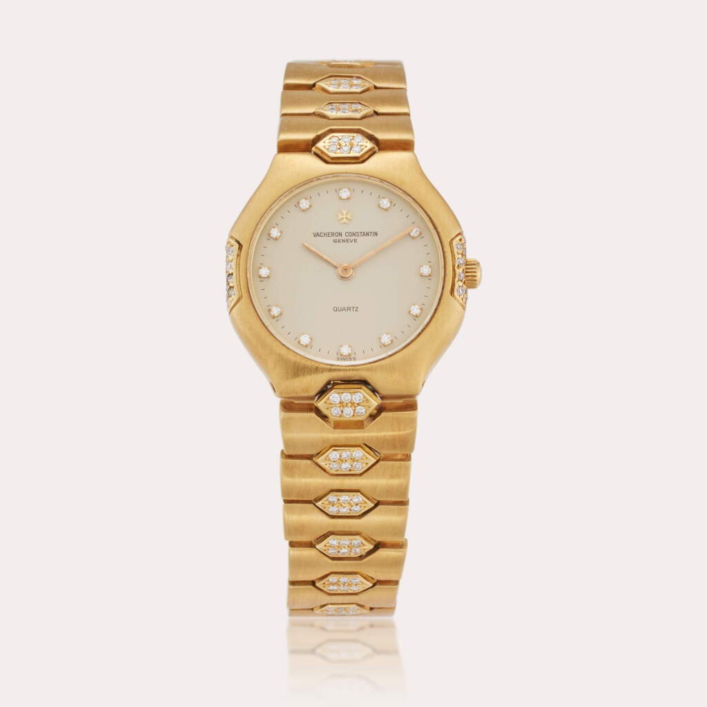 View full screen - View 1 of Lot 393. Reference 333 Overseas | A yellow gold and diamond-set octagonal shaped bracelet watch, Circa 1985.
