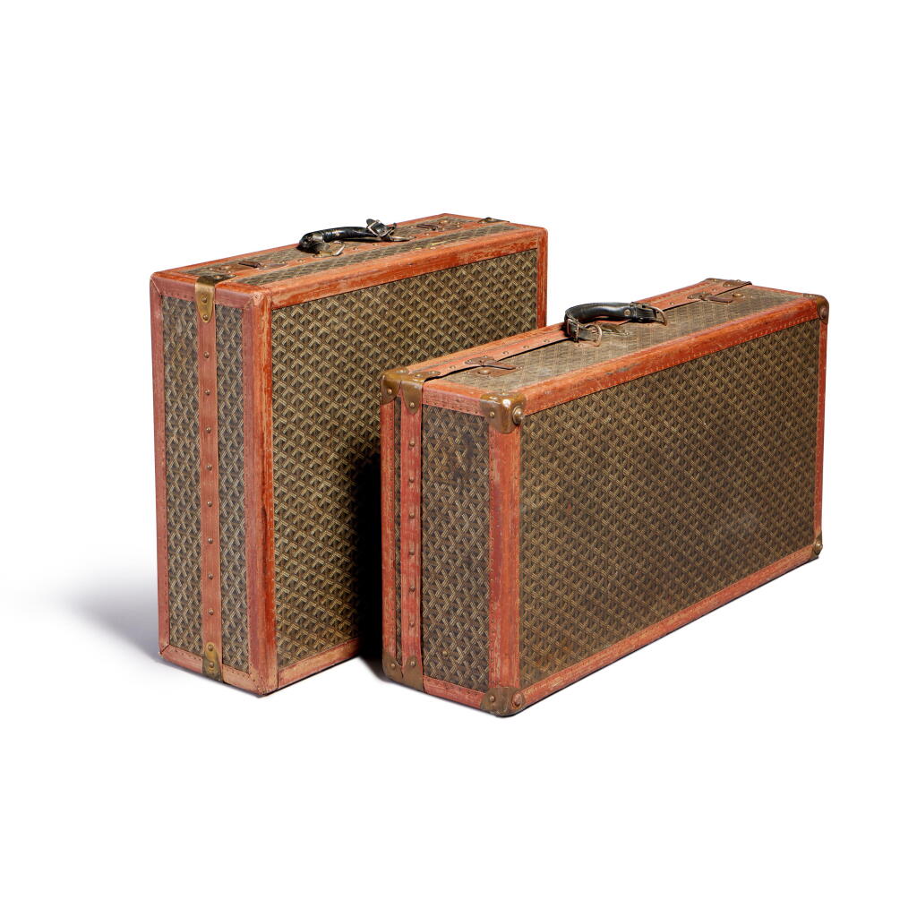 View full screen - View 1 of Lot 96. Set of Two Vintage Goyardine Canvas Shoe Case Brass Hardware and Vintage Goyardine Canvas Trunk Brass Hardware.