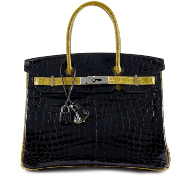 View full screen - View 1 of Lot 9766. Important Private Collection: Black and Vert Chartreuse Shiny Niloticus Crocodile Custom Birkin 30 Ruthenium Hardware, 2004.