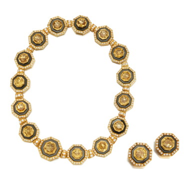 View full screen - View 1 of Lot 27. Citrine, Onyx and Diamond Necklace and Pair of Earclips.