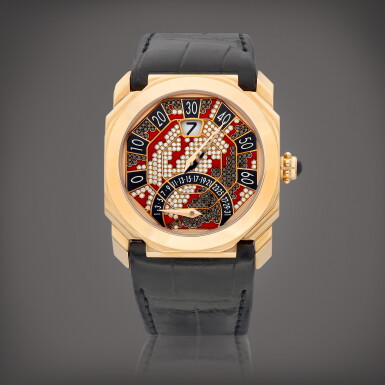View full screen - View 1 of Lot 8771. Octo Bi-Retro, Reference OBR.X.50 | A pink gold, diamond and black diamond-set jumping hours wristwatch with retrograde minute and date, Circa 2004 | Octo Bi-Retro 型號OBR.X.50 | 粉紅金鑲鑽石及黑色鑽石跳時腕錶,備逆跳分鐘及日期,約2004年製.