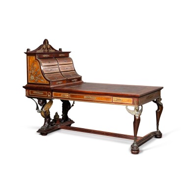 View full screen - View 1 of Lot 85. An Empire style gilt-bronze mounted mahogany bureau plat with cartonnier, third quarter 19th century | Bureau plat et son cartonnier en acajou et bronze doré de style Empire, troisième quart du XIXe siècle.