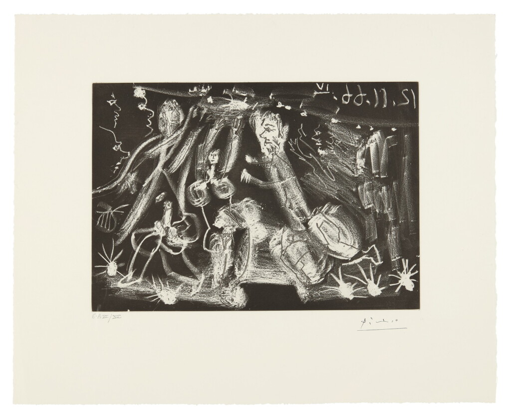 View full screen - View 1 of Lot 90. PABLO PICASSO | SOUS LE FEUX DE LA RAMPE: "AU VIOL!" (B. 1415; BA. 1430).