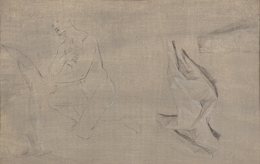 View full screen - View 1 of Lot 1107. Study of a figure on his knees and a separate drapery study.