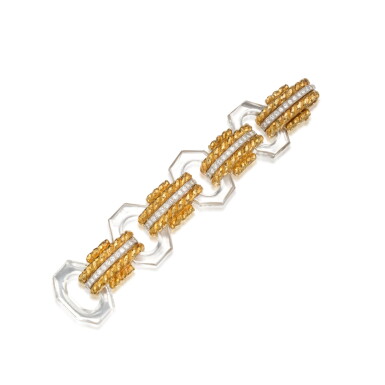 View full screen - View 1 of Lot 201. Gold, Rock Crystal and Diamond Bracelet.