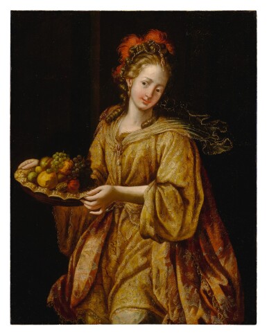 View full screen - View 1 of Lot 53. An elegant woman holding a tray of fruit.
