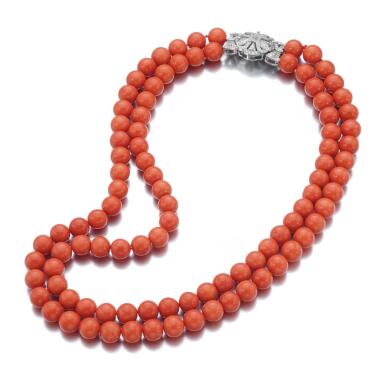 View full screen - View 1 of Lot 304. CORAL AND DIAMOND NECKLACE.
