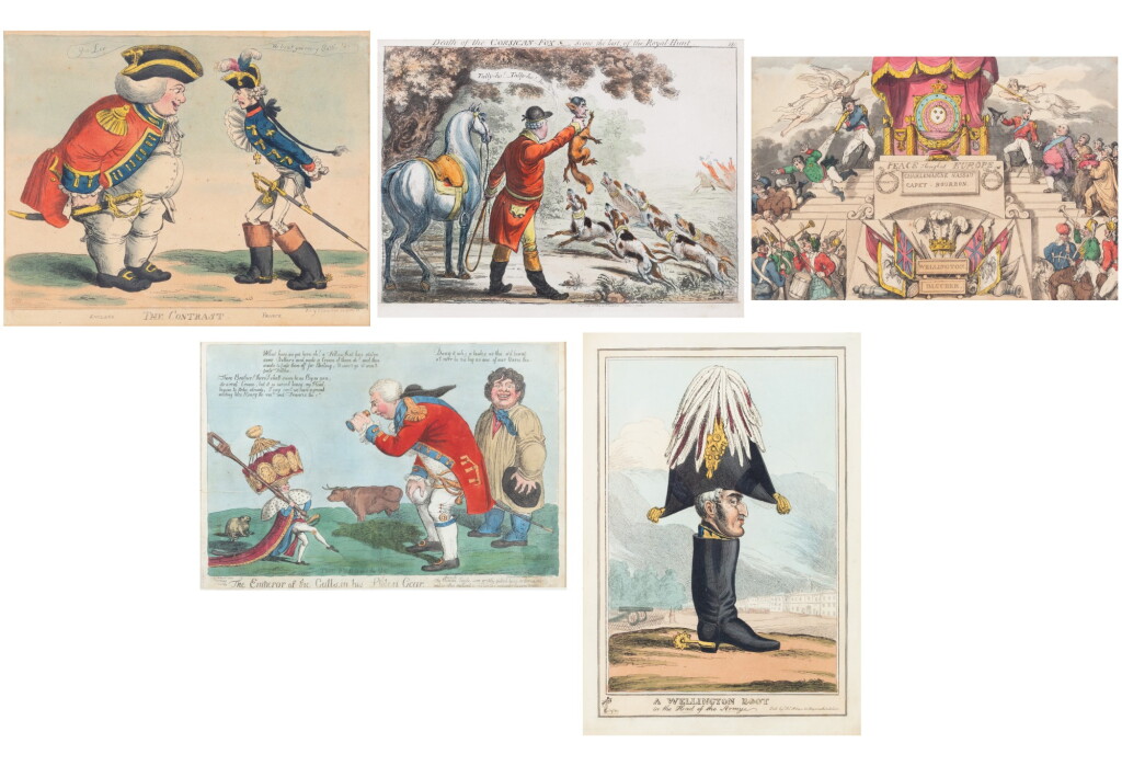 View full screen - View 1 of Lot 60. A set of five satyric prints on Napoleon and Empire, England, first quarter 19th century | Série de cinq gravures satyriques sur Napoleon Ier et l’Empire, Angleterre, premier quart du XIXe siècle.