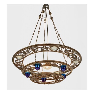 View full screen - View 1 of Lot 57. TIFFANY STUDIOS | CHANDELIER FROM THE STUDIO BUILDING OF LAURELTON HALL, THE RESIDENCE OF LOUIS COMFORT TIFFANY, LAUREL HOLLOW, NEW YORK.