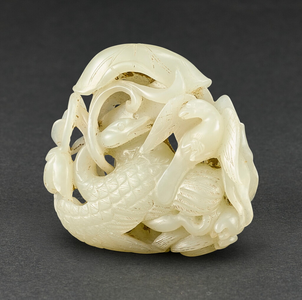 View full screen - View 1 of Lot 540. A WHITE JADE RETICULATED 'GOOSE AND HAWK' PENDANT LIAO DYNASTY | 遼 白玉鏤雕春水珮.