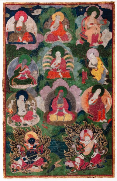 View full screen - View 1 of Lot 54. A thangka depicting the Luohans, Tibet, 18th century | 十八世紀 藏傳羅漢唐卡 設色布本.