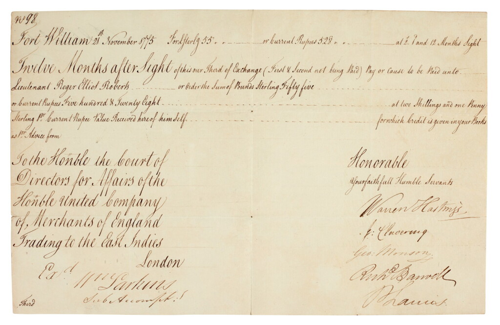 View full screen - View 1 of Lot 231. Warren Hastings | Payment order in favour of Lieutenant Elliot Roberts, 21 November 1775.