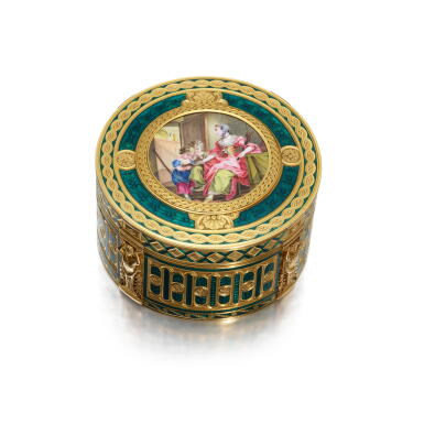 View full screen - View 1 of Lot 222. A Large Gold and Enamel Snuff Box, Late Nineteenth Century.