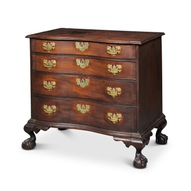 View full screen - View 1 of Lot 847. The Adams Family Very Fine and Rare Chippendale Carved and Figured Mahogany Blocked-End Reverse Serpentine Chest of Drawers, Boston, Massachusetts, Circa 1770.