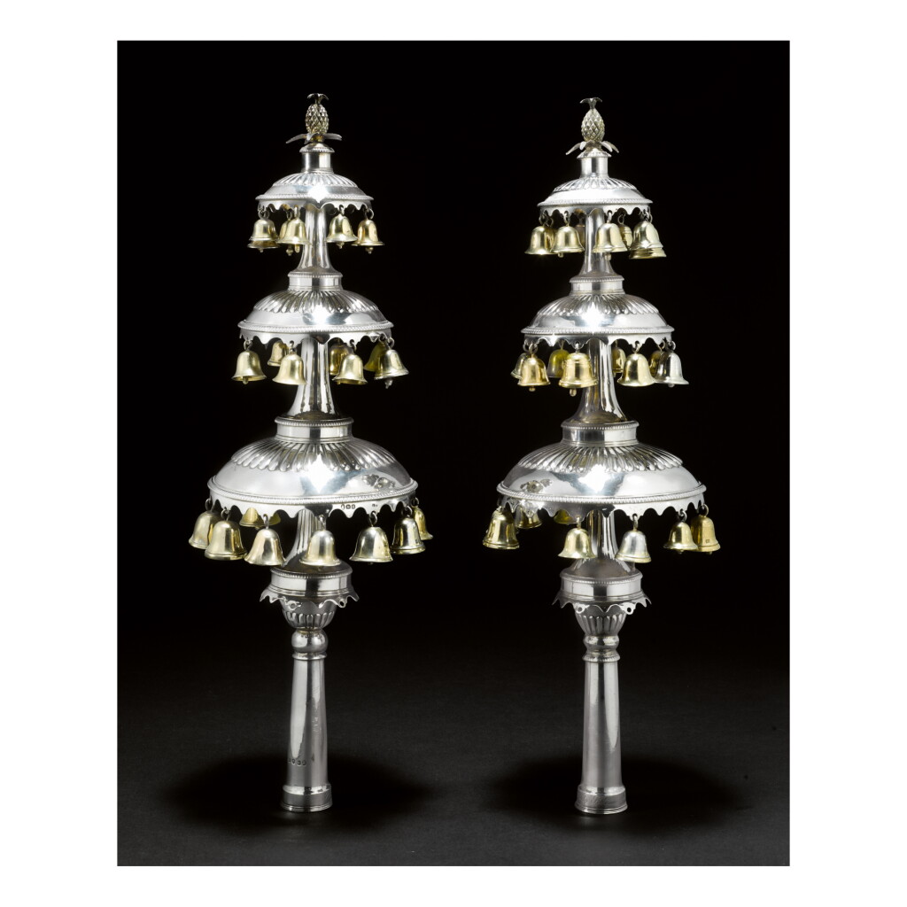 View full screen - View 1 of Lot 6. A PAIR OF UNUSUAL ENGLISH SILVER "CHINOISERIE" TORAH FINIALS, JOHN ROBINS, LONDON, 1803.