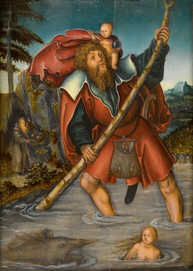 View full screen - View 1 of Lot 108. LUCAS CRANACH THE ELDER AND WORKSHOP | SAINT CHRISTOPHER WITH THE CHRIST CHILD CROSSING A STREAM.