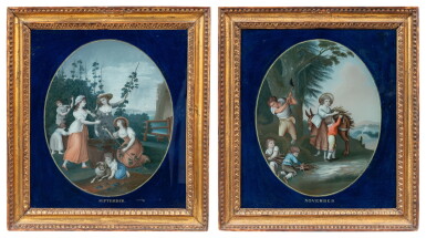 View full screen - View 1 of Lot 815. A set of two Chinese Export reverse glass paintings depicting September and November, late 18th/early 19th century.