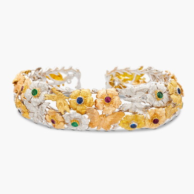 View full screen - View 1 of Lot 1393. Coloured Stone and Gold Bangle | 布契拉提 | 寶石 配 K金 手鐲.