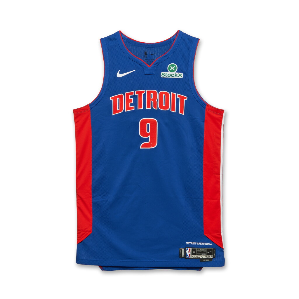 View full screen - View 1 of Lot 9. Ausar Thompson Detroit Pistons 2025-2026 NBA Tip-Off Game Worn Icon Edition Jersey.