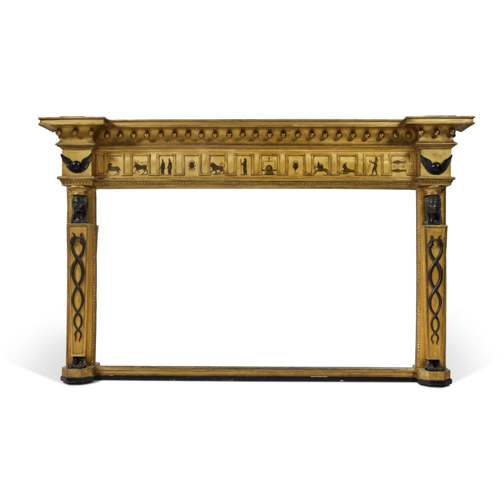 View full screen - View 1 of Lot 30. An Irish Regency Giltwood and Ebonized Overmantel Mirror, By Joshua Kearney, Early 19th Century.