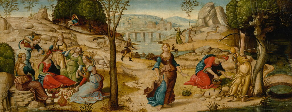 View full screen - View 1 of Lot 9. MASTER OF THE CAMPANA CASSONI | EURYDICE AND HER COMPANIONS: A CASSONE PANEL.