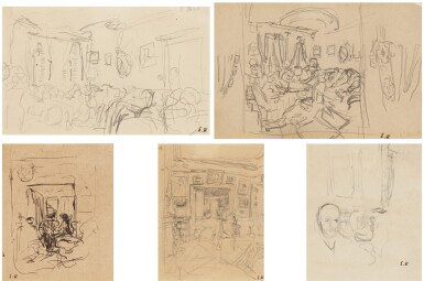 View full screen - View 1 of Lot 358. Five drawings: (i) Etude 1 pour "Journée chaude à Saint-Jacut" (ii) Etude 2 pour "Journée chaude à Saint-Jacut" (iii) Lucie Hessel et une visiteuse rue de Rivoli (iv) Etude pour "Madame Hessel accoudée au dossier d'une chaise" (v) Etude pour "Théordore Duret dans son cabinet de travail".