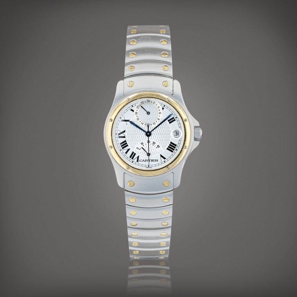 View full screen - View 1 of Lot 675. Santos ronde, référence W20038R3 Montre bracelet à double fuseau horaire en or jaune et acier avec indication de réserve de marche et date | Yellow gold and stainless steel dual time zone wristwatch with power reserve indication, date and bracelet Vers 1997 | Circa 1997.