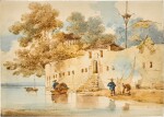 Boat and people near a fort in Canton
