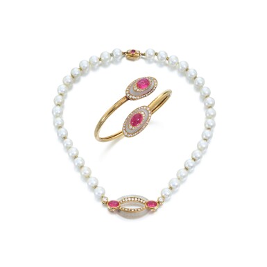 View full screen - View 1 of Lot 777. Tourmaline, rock crystal, cultured pearl and diamond demi-parure, circa 1980.