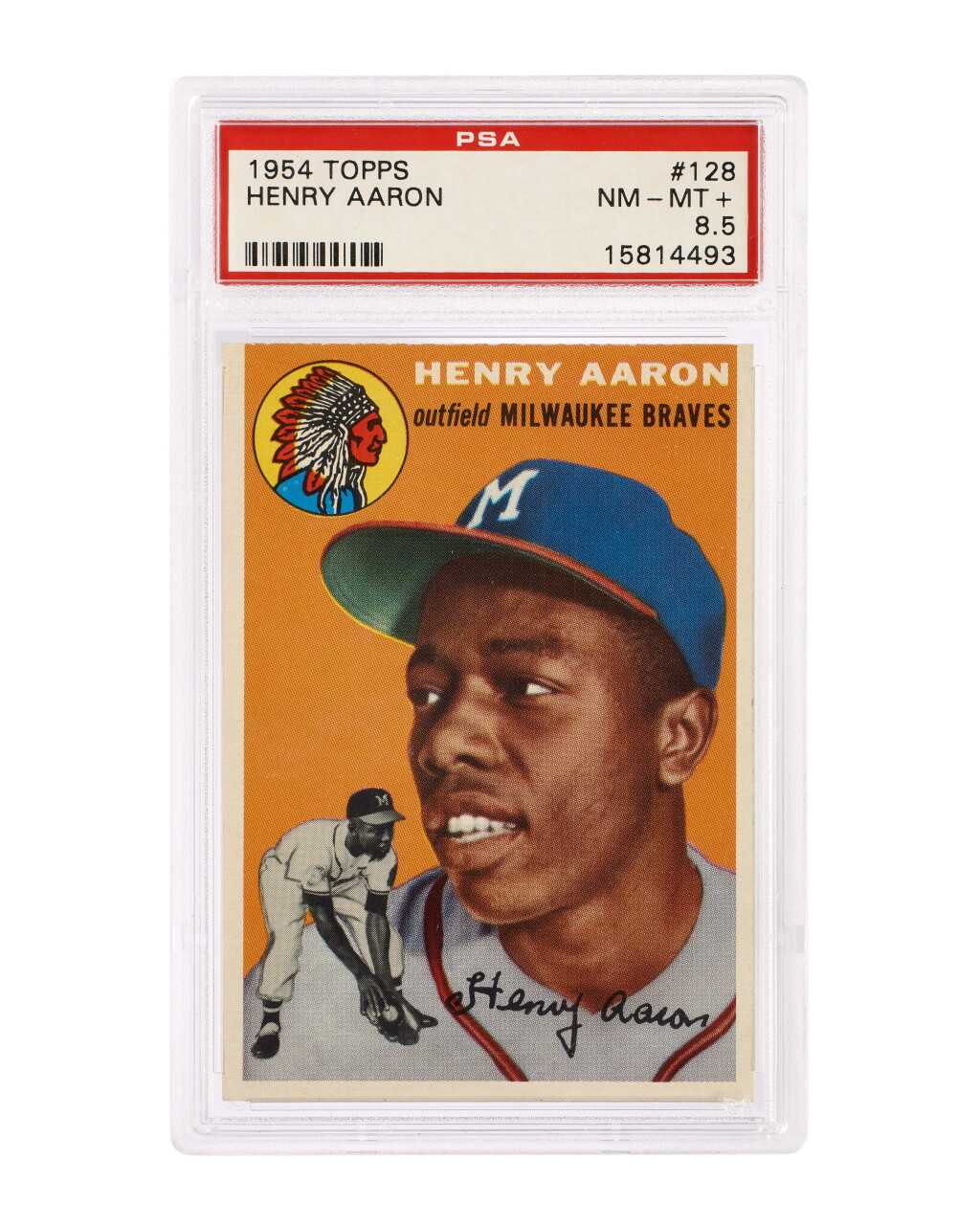 View full screen - View 1 of Lot 5. 1954 Topps #128 Henry Aaron - PSA 8.5 | Rookie Card.