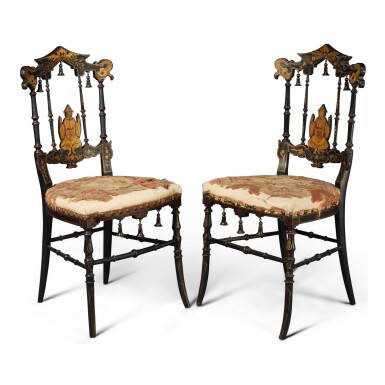 View full screen - View 1 of Lot 662. A PAIR OF VICTORIAN BLACK AND GOLD JAPANNED SIDE CHAIRS, 19TH CENTURY.