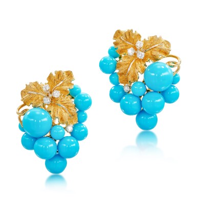 View full screen - View 1 of Lot 2865. Pair of Turquoise and Diamond Earrings | 綠松石 配 鑽石 耳環一對.