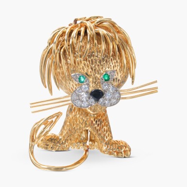 View full screen - View 1 of Lot 920. Gold, Emerald, Enamel and Diamond ‘Lion Ébouriffé’ Brooch.