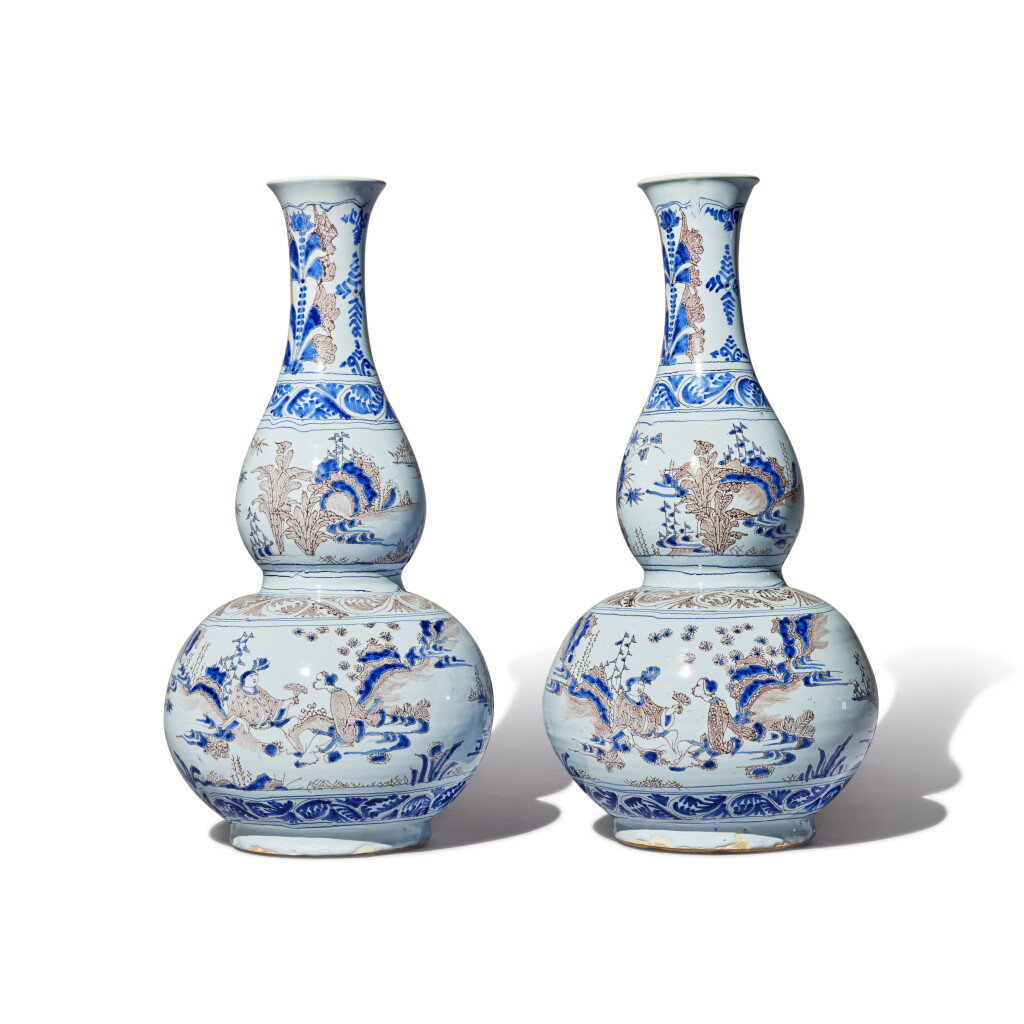 View full screen - View 1 of Lot 583. A Pair of Nevers Faïence Blue and Manganese Double Gourd Vases, Late 17th Century .