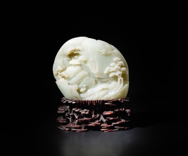 View full screen - View 1 of Lot 137. A carved celadon jade 'mountain and cranes' boulder, Qing dynasty, 18th century | 清十八世紀 青玉鶴壽延年紋山子.