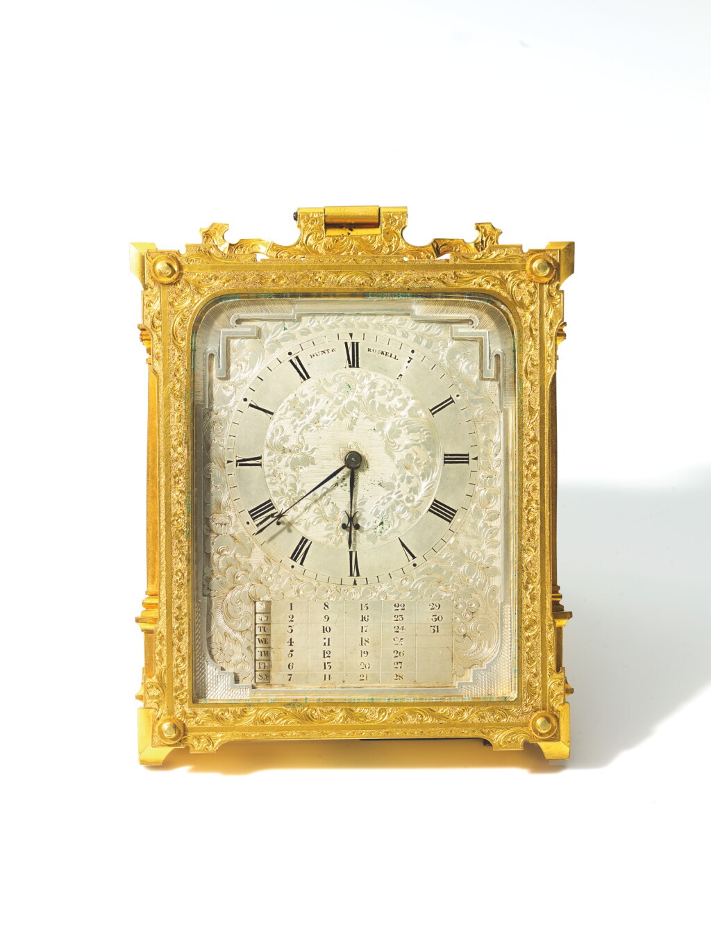 View full screen - View 1 of Lot 105. HUNT & ROSKELL, LONDON | A GILT BRASS STRUT CLOCK WITH CALENDAR CIRCA 1890.