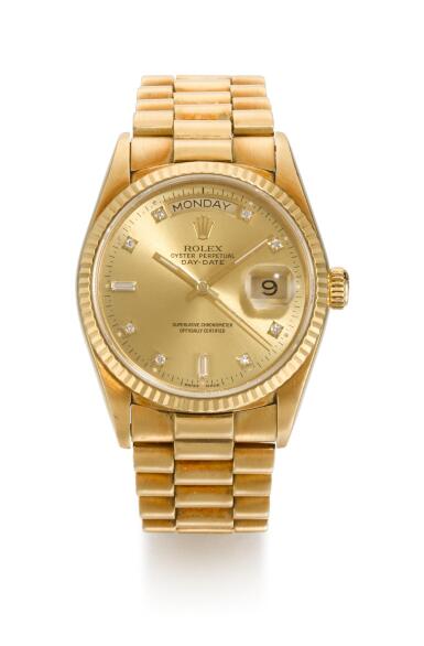 View full screen - View 1 of Lot 22. ROLEX | DAY-DATE, REFERENCE 18038 YELLOW GOLD DIAMOND-SET WRISTWATCH WITH DAY, DATE AND BRACELET, CIRCA 1986 .