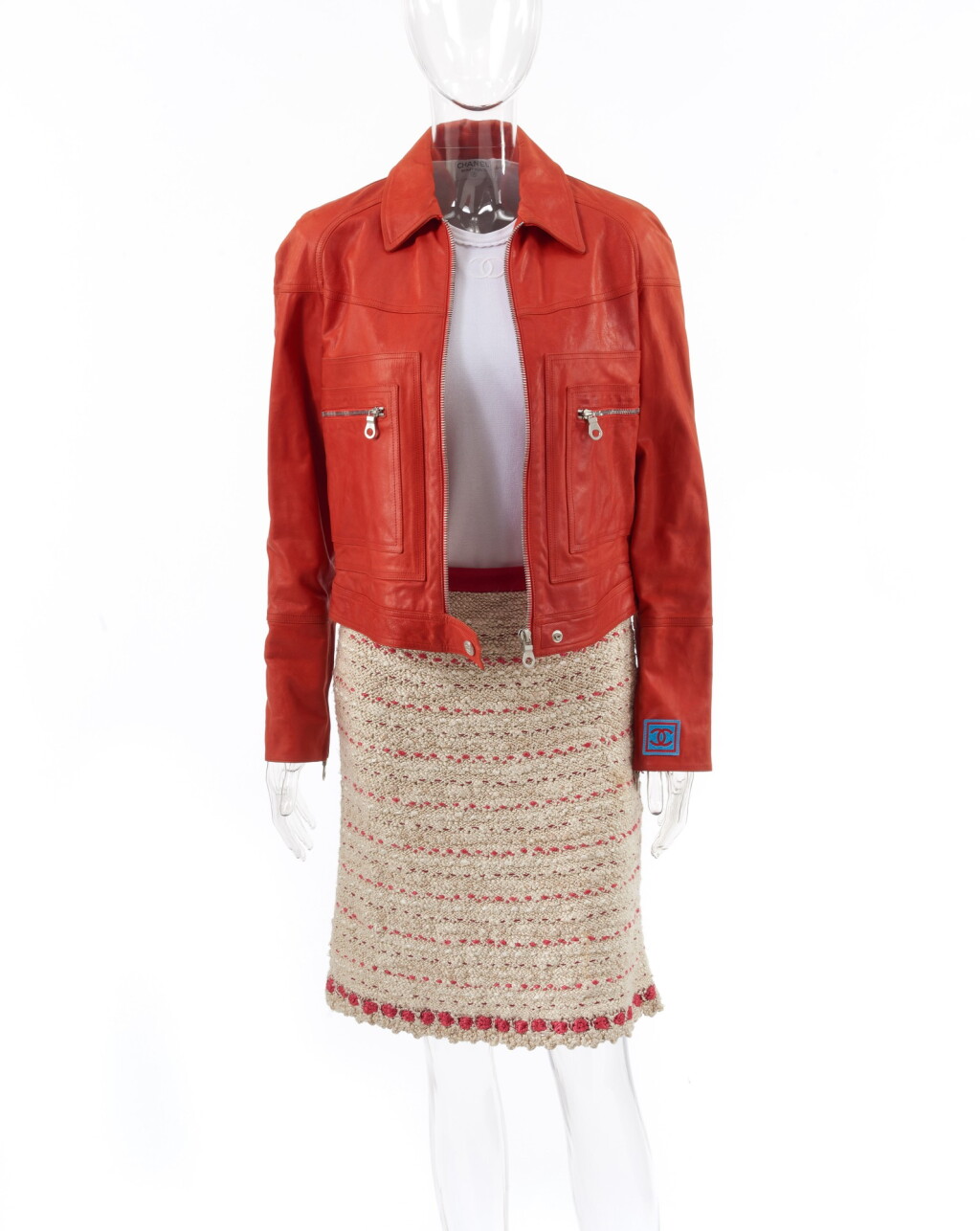 View full screen - View 1 of Lot 139. CHANEL | SILK-BLEND SKIRT, T-SHIRT AND RED LEATHER JACKET .
