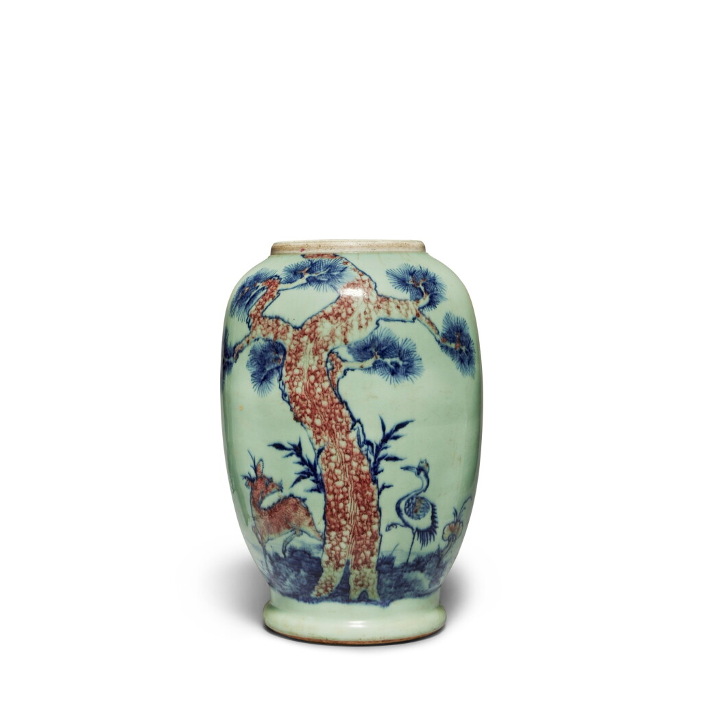 View full screen - View 1 of Lot 49. A large celadon-ground underglaze-blue and copper-red 'longevity' vase, Qing dynasty, 18th century .