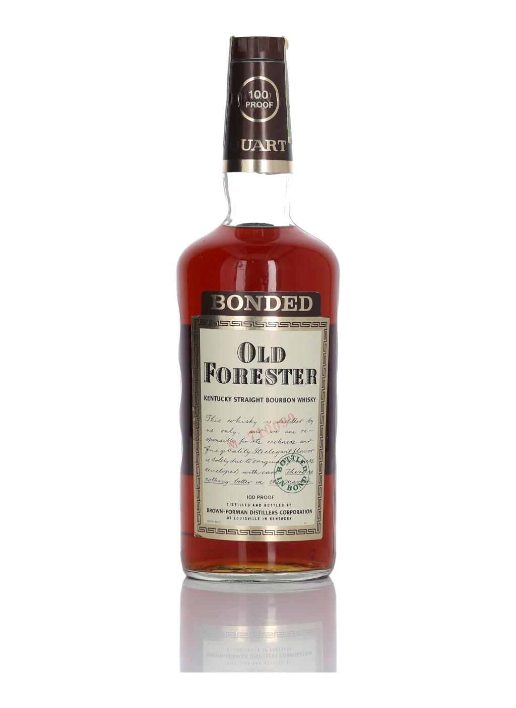 View full screen - View 1 of Lot 227. Old Forester Bottled In Bond 100 Proof 1973 (1 Bottle Quart).