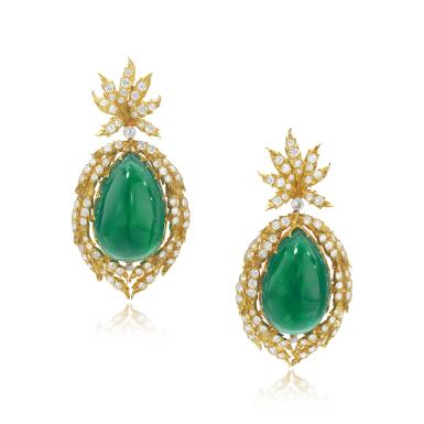 View full screen - View 1 of Lot 1134. Pair of emerald and diamond pendent earrings.