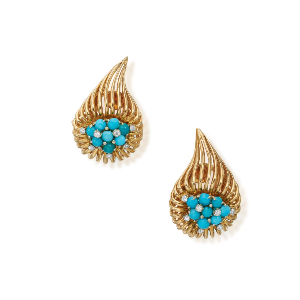 View full screen - View 1 of Lot 390. Pair of Turquoise and Diamond Earclips.