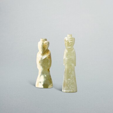 View full screen - View 1 of Lot 759. Two celadon jade 'figure' pendants, wengzhong, Han dynasty | 漢 青玉翁仲兩件 .