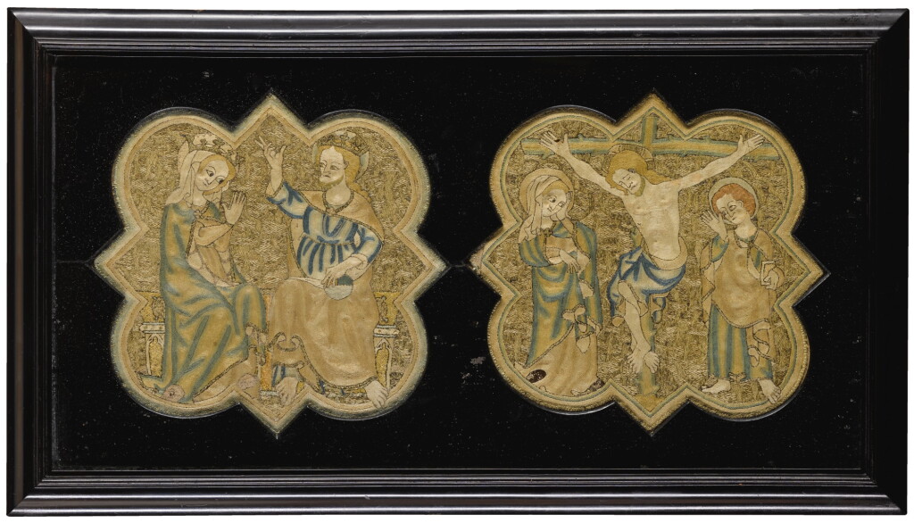 View full screen - View 1 of Lot 36. TWO MEDIEVAL OPUS ANGLICANUM EMBROIDERED AND METAL-THREAD BURSE PANELS, ENGLISH, CIRCA 1320-1330.